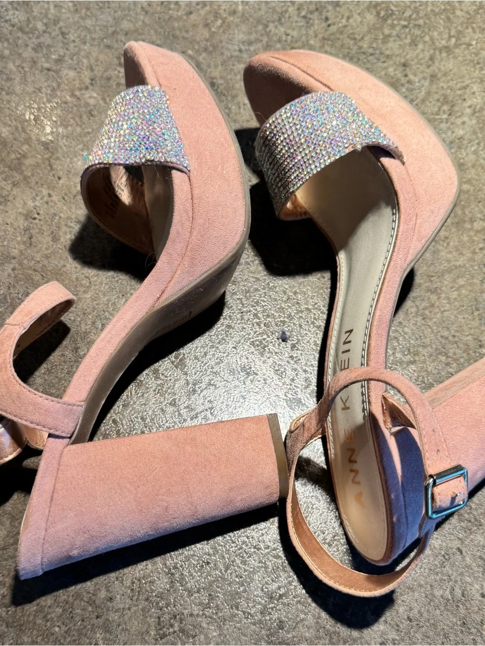 Anne Klein Pink Suede Block Heel Sandals with Rhinestone Strap 9.5